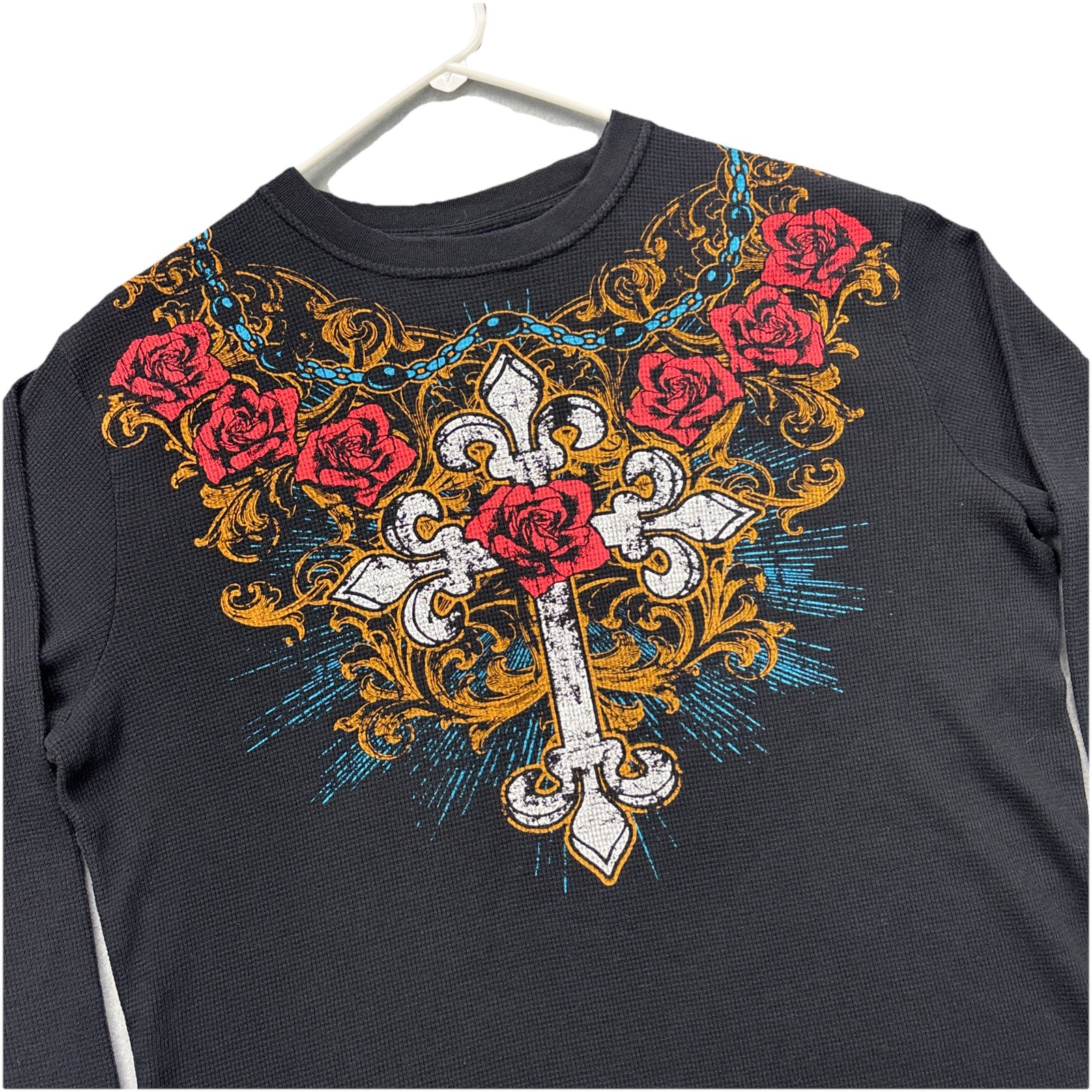 Vintage MMA Elite Black Thermal Shirt Mens XL Long Sleeve Cross Rose Chain Y2K gallery