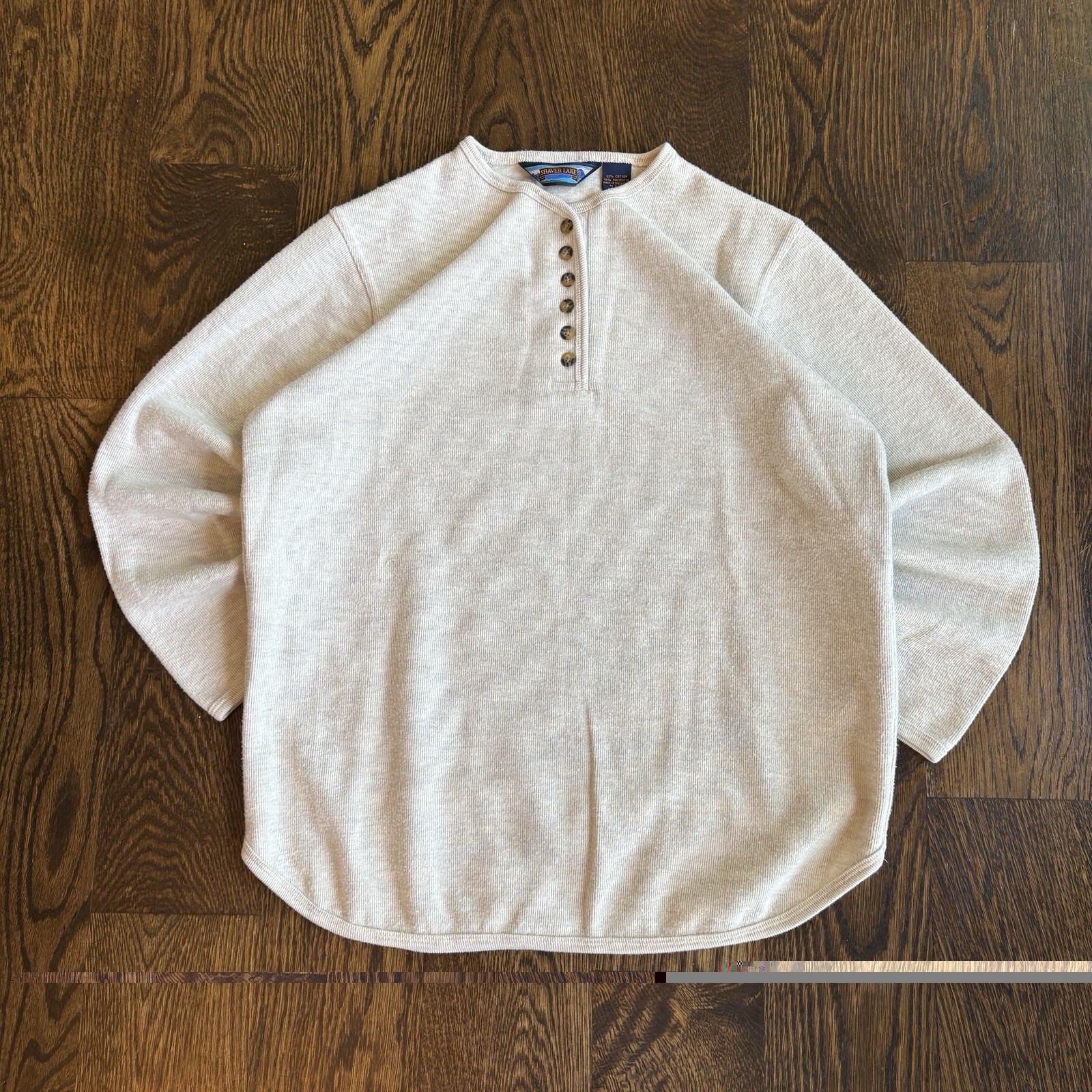 Vtg 90s Shaver Lake Knit Henley Mens S Cream Ribbed Thermal Pullover Sweater