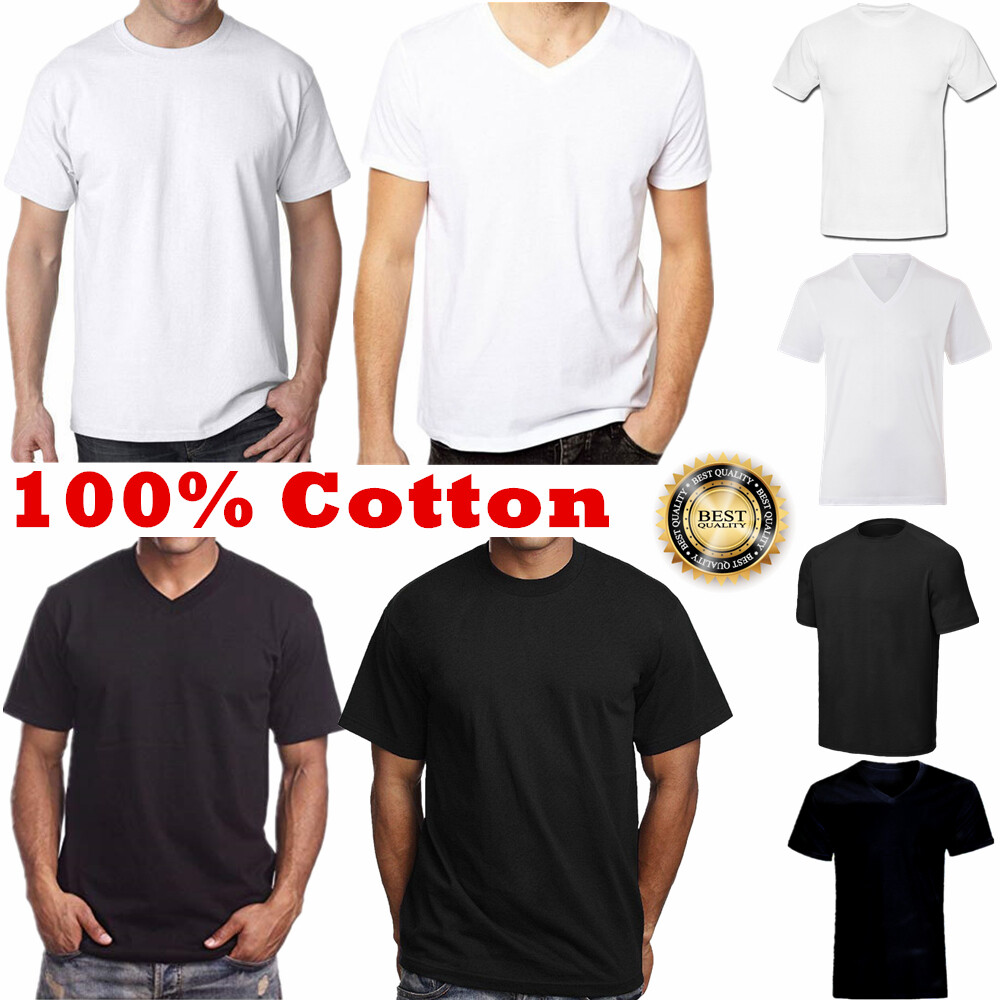 Men 100% Cotton Thick Casual T-Shirt Basic Tee Crew V-Neck White Black S-4XL LOT gallery