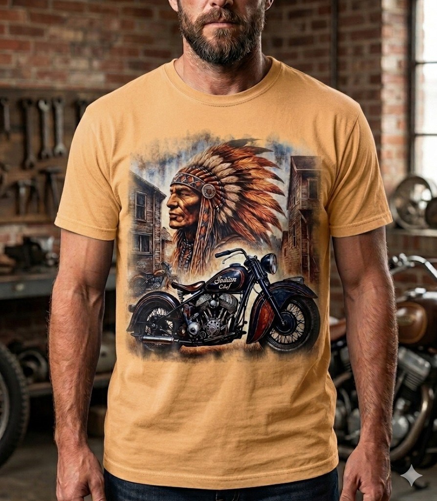 Vintage Indian Motorcycle T-Shirt Native American Chief Dark Blue Biker Tee gallery