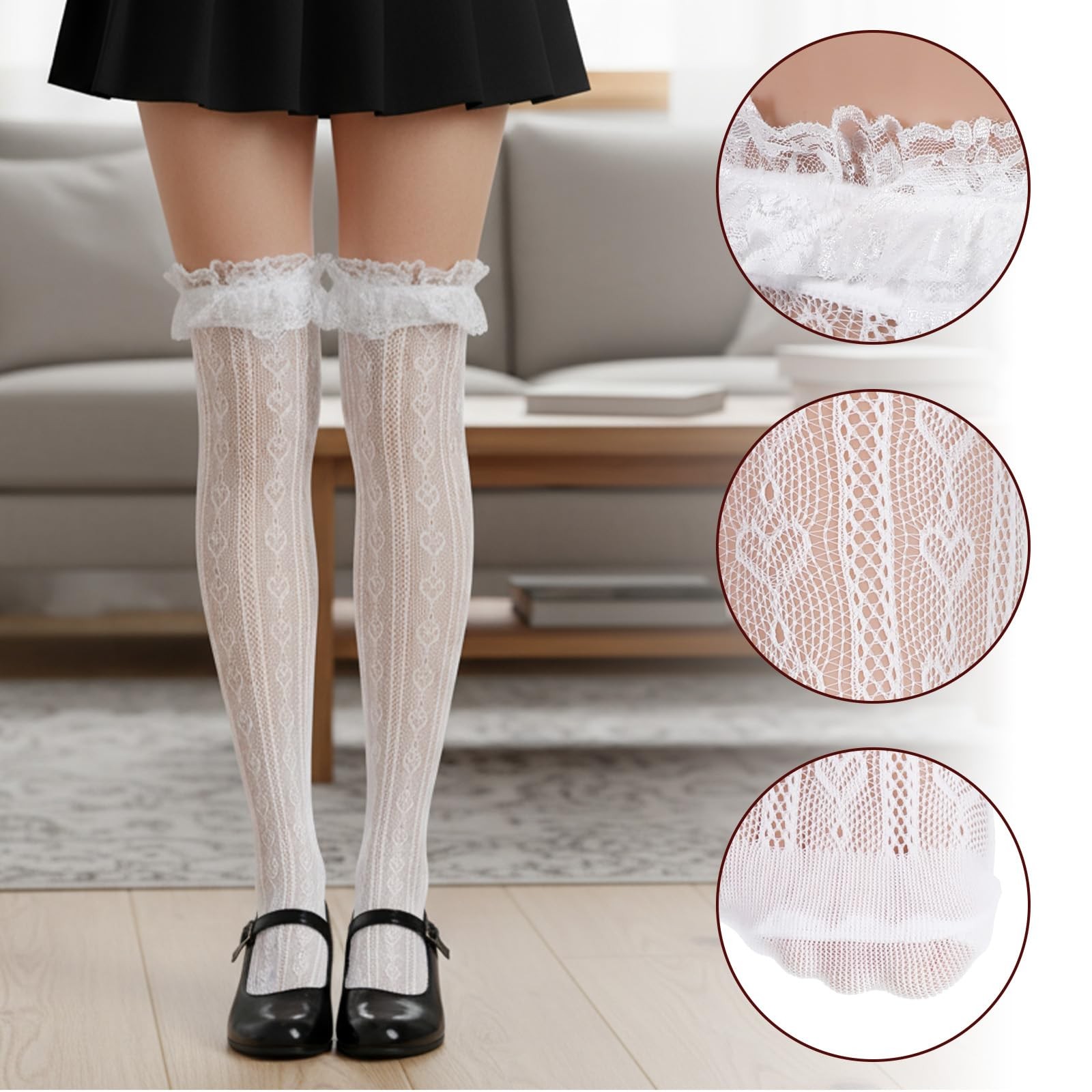 Lace Knee High Socks, Thigh High Stocking with Lace Trim, White Laces Socks W... gallery