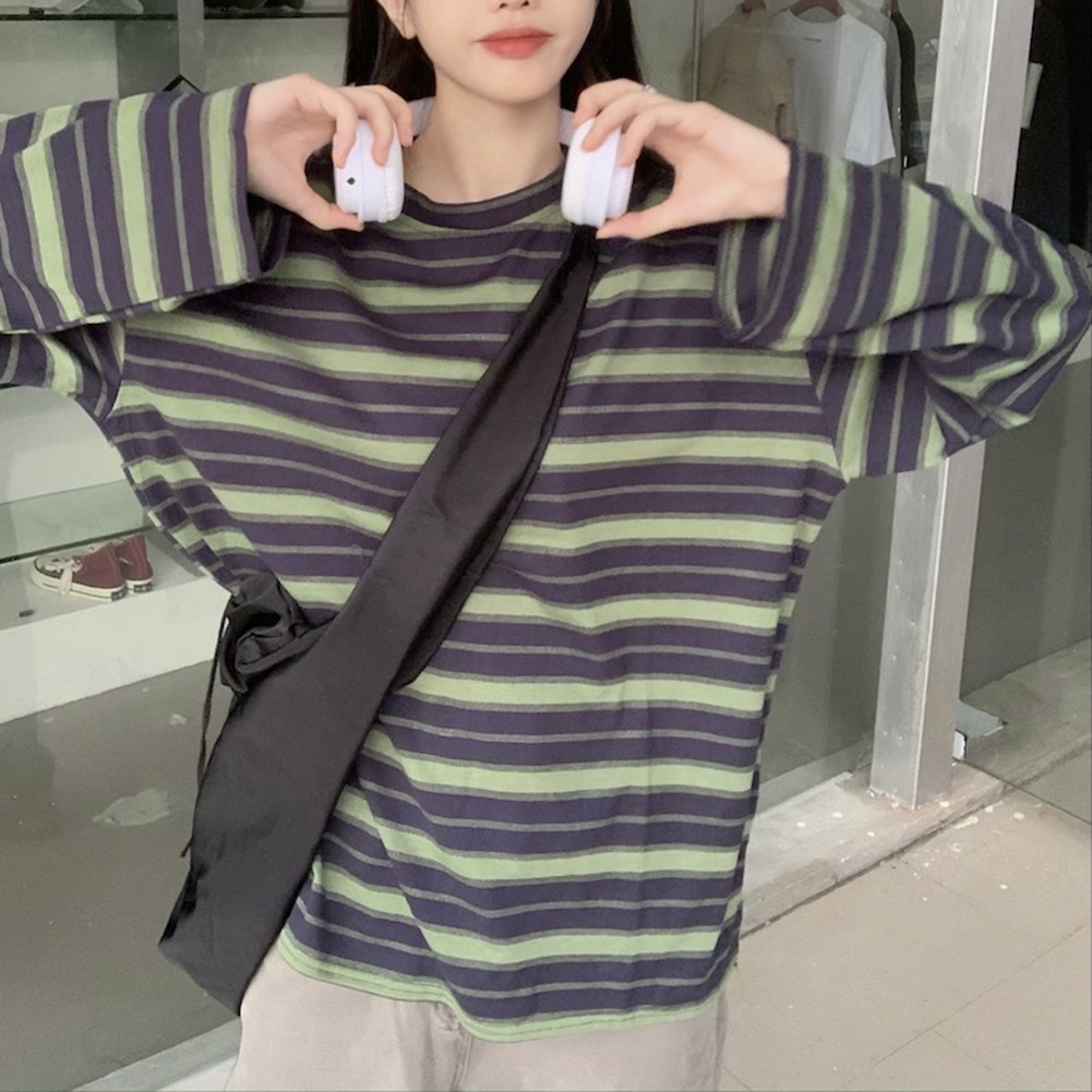 Korean Fashion Women's Loose Striped Blouse Long Sleeve Crew Neck Streetwear gallery