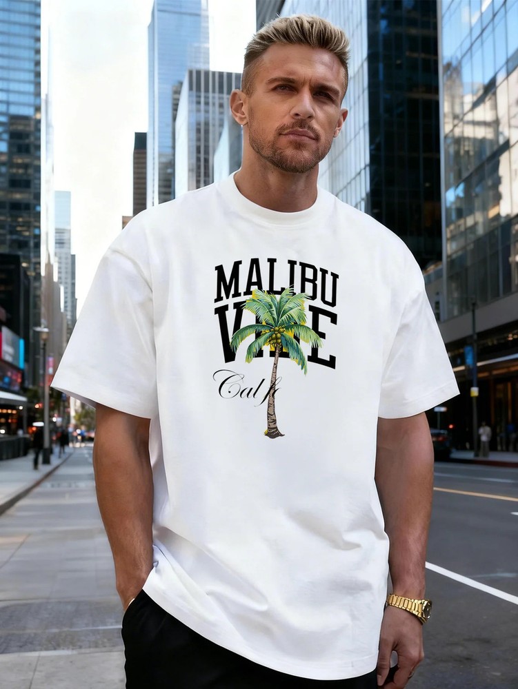Palm Tree Alphabet Graphic Cotton Men’s T-Shirt, Suitable for Daily Streetwear