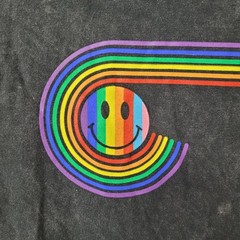Phluid Project Graphic T Shirt Smiley Face Rainbow Unisex L Black Mineral Wash