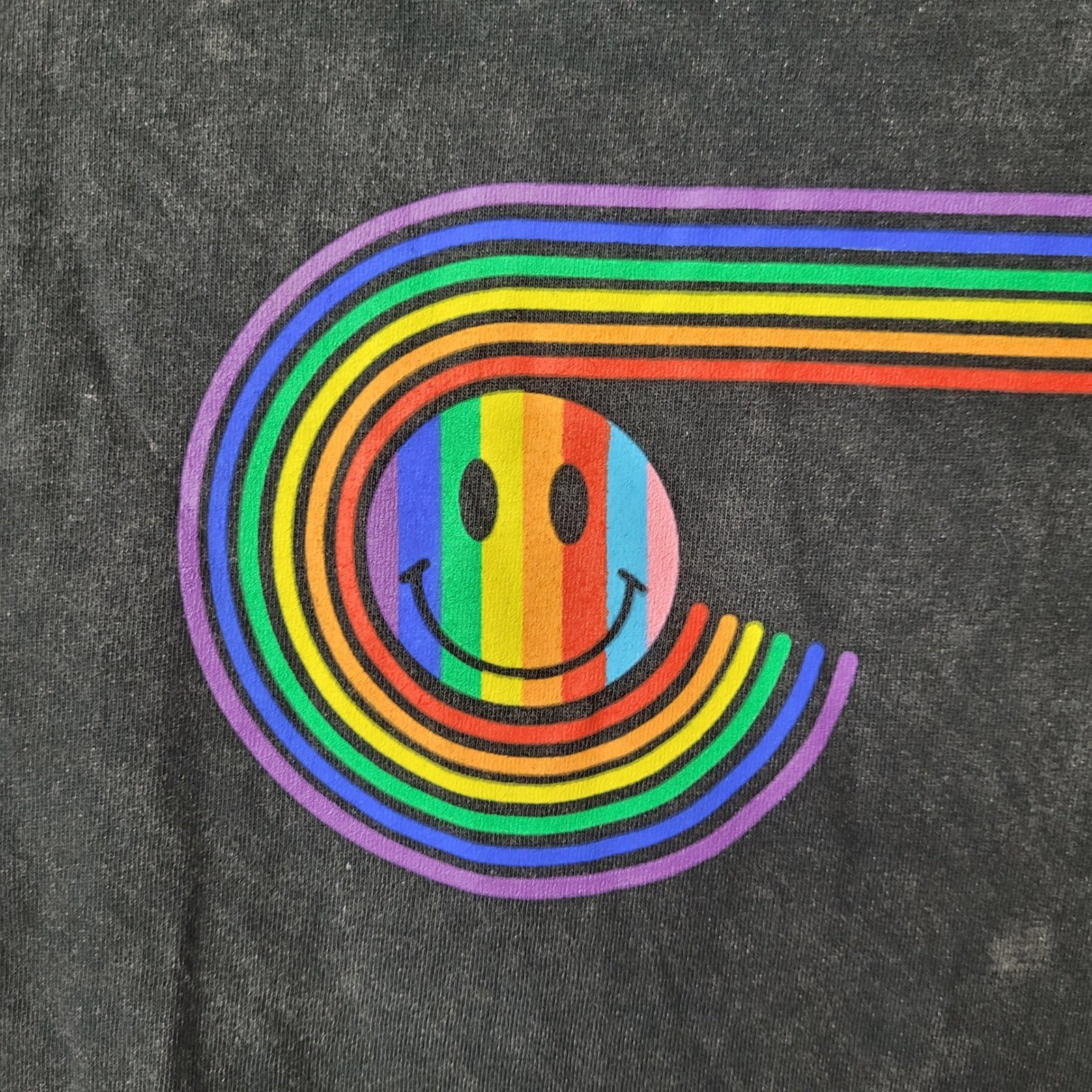 Phluid Project Graphic T Shirt Smiley Face Rainbow Unisex L Black Mineral Wash gallery