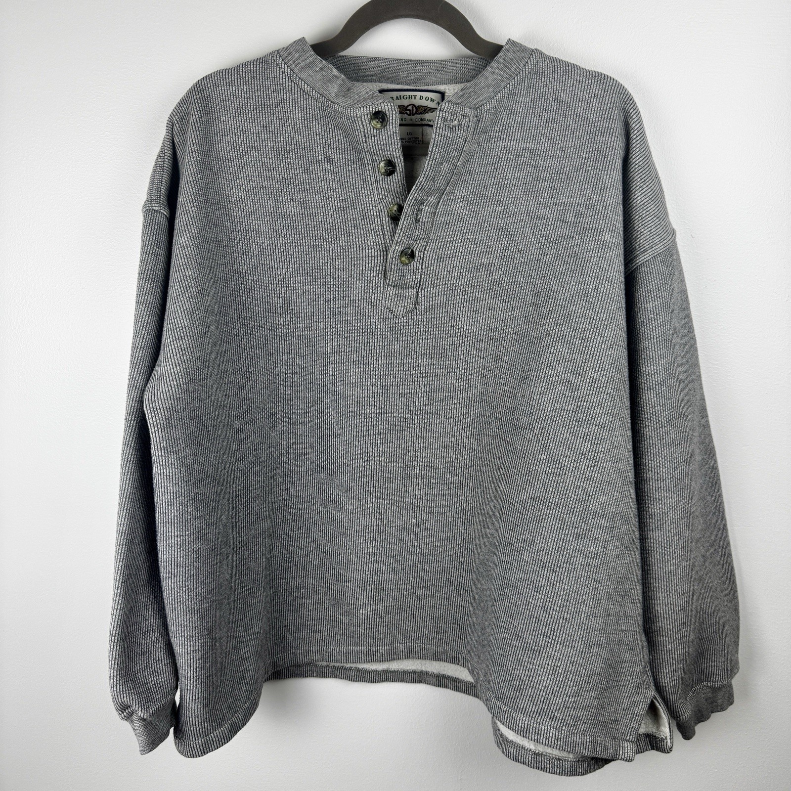 Mens Long Sleeve Henley Shirt Large Grey Textured Knit Heavy Warm Utility