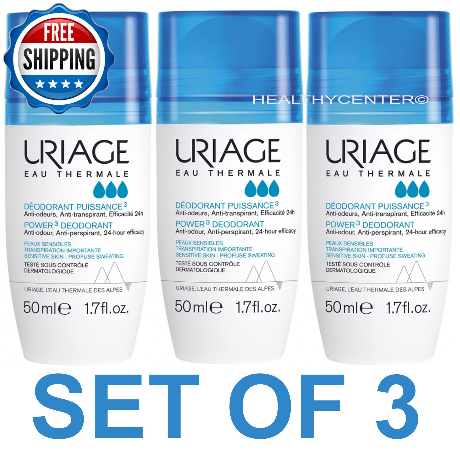 3 X Uriage Power 3 Anti-Odor Antiperspirant Roll On Deodorant 50ml Exp 11/2028
