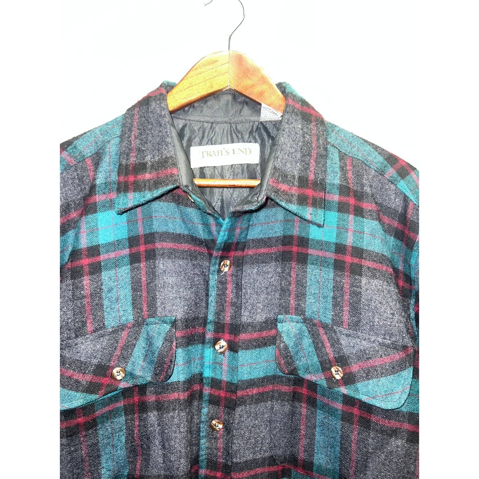 Vintage Trail's End Flannel Shirt Quilted Lined Plaid Teal Gray Western VTG L gallery