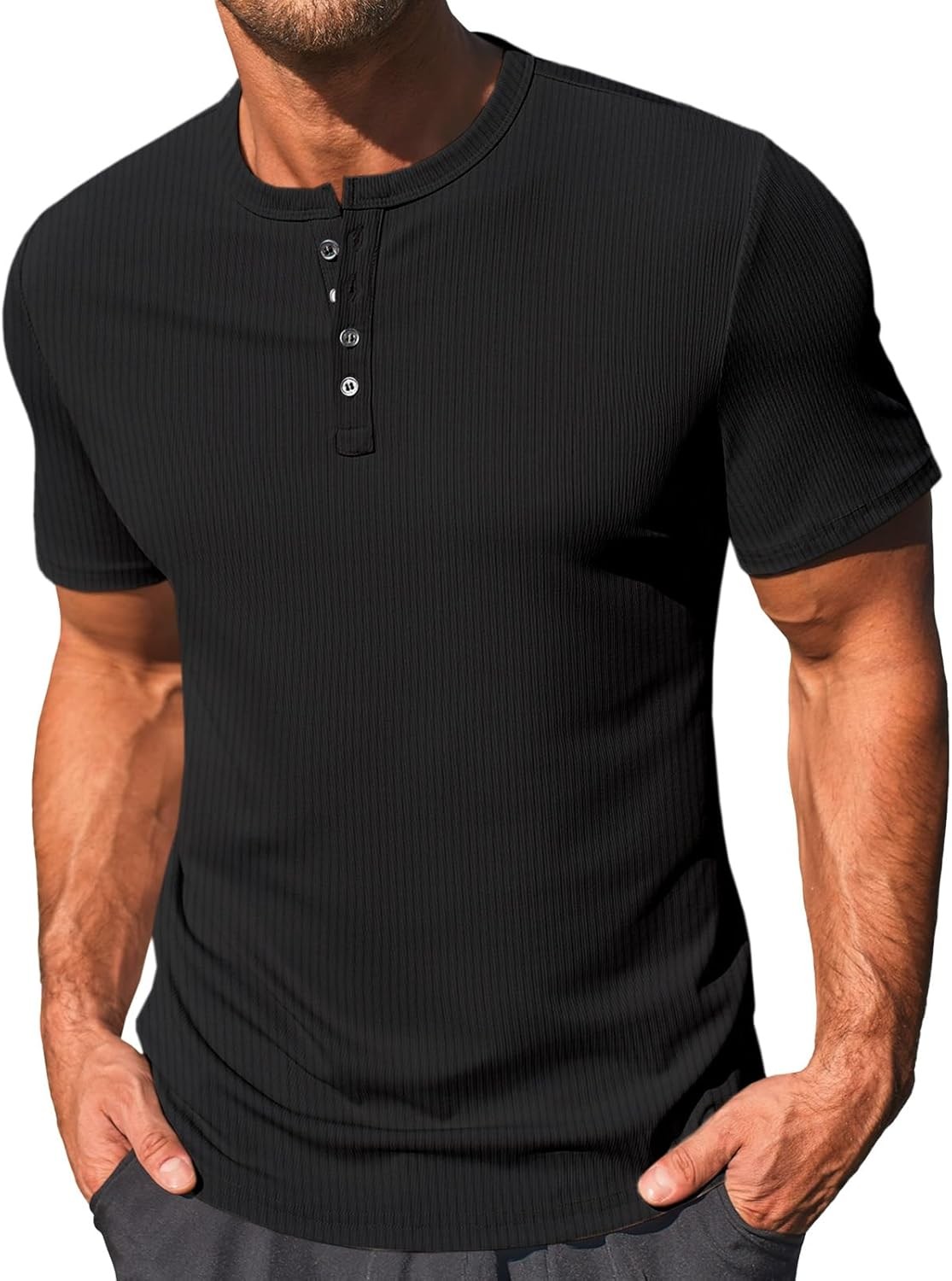 Men’s Henley Shirt Short Sleeve Casual Ribbed Knitted Summer T-Shirt SL