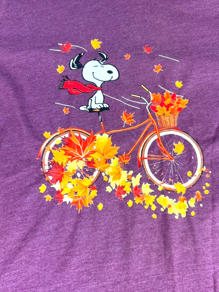 Bella + Canvas Purple T-Shirt UNISEX Large SNOOPY/Bike/Leaves Short Sleeves Crew gallery