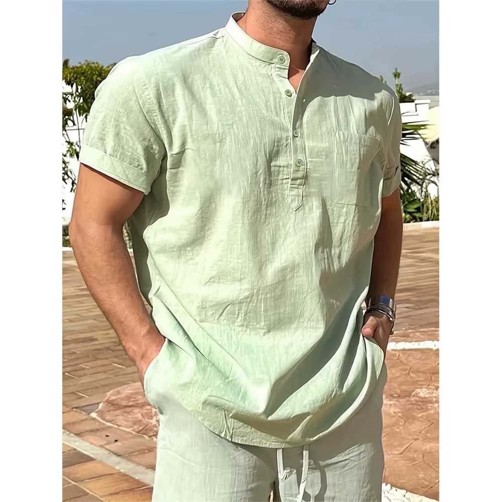 Men’s Cotton Linen Henley Shirt Summer Breathable Casual T-Shirt Tee Casual Gift gallery