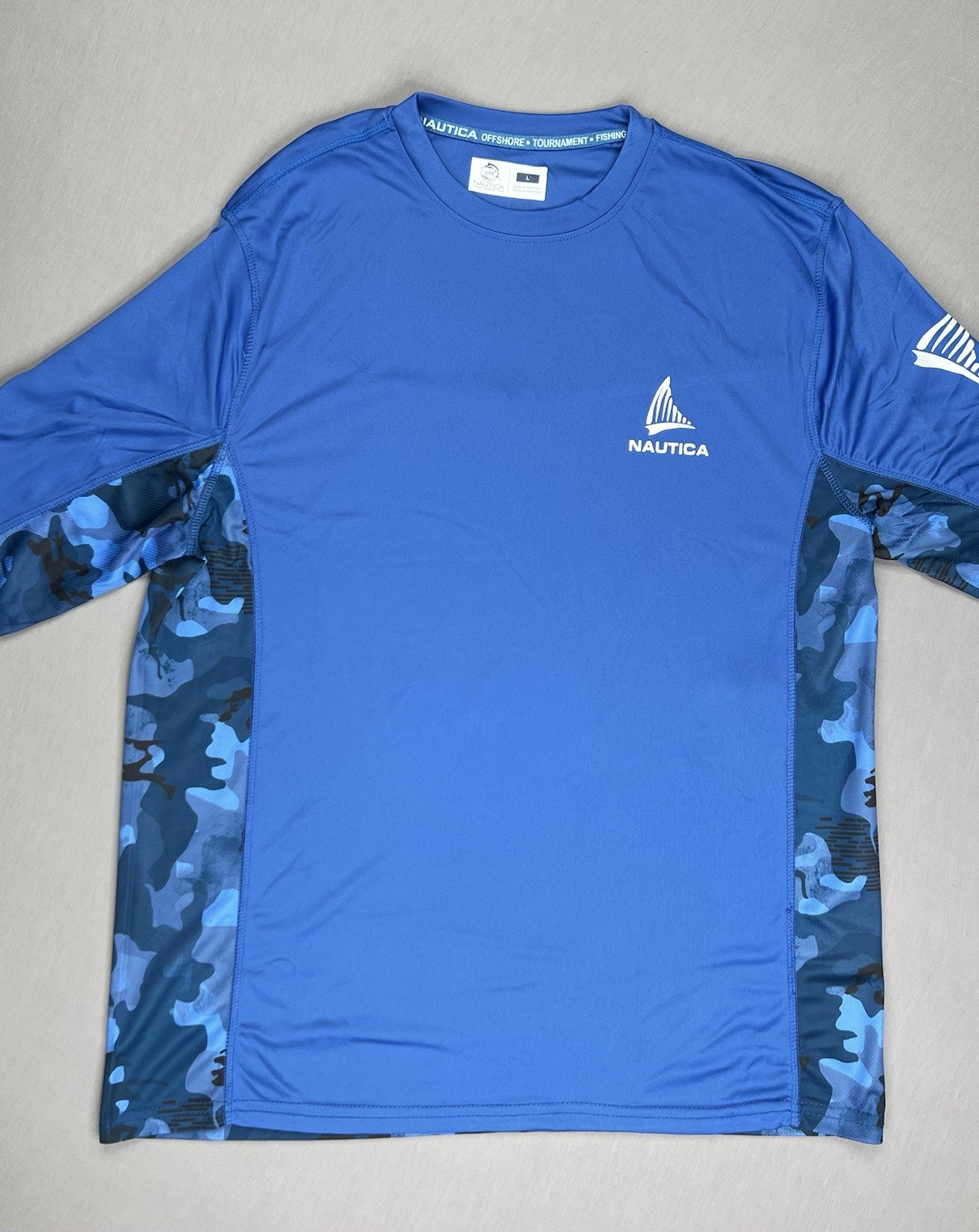 Nautica Shirt Men L Blue Camo OTF Offshore Tournament Fishing UPF50+ Performance gallery