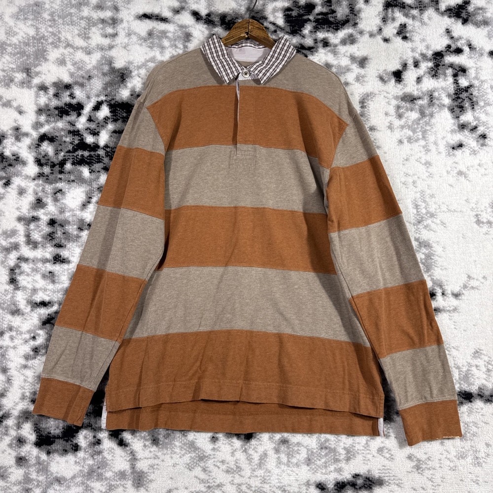 Johnston & Murphy Shirt Mens Size Large Brown Tan Striped Rugby Style Preppy