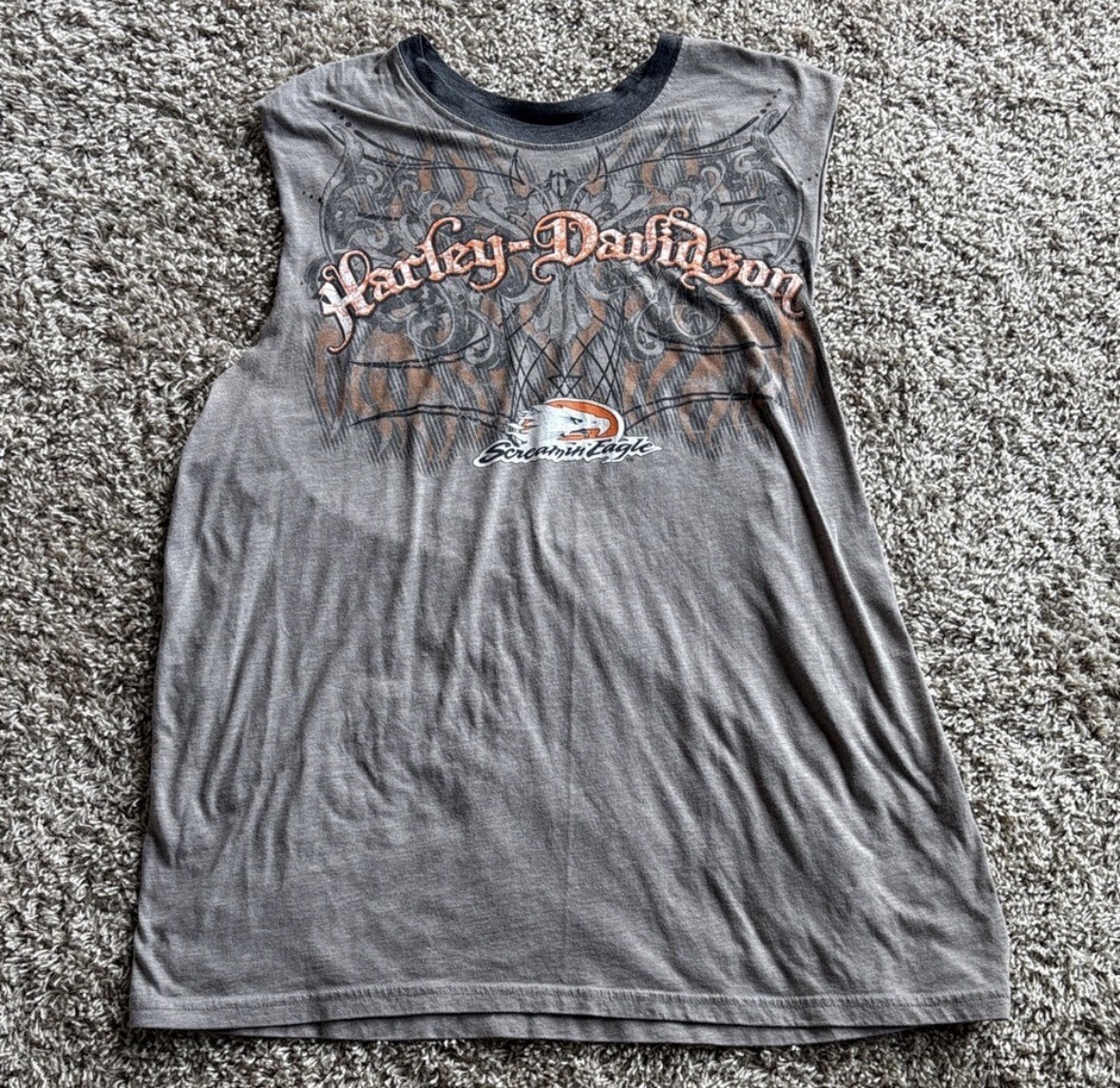 Harley-Davidson Vintage Screamin Eagle Men's Cuff Off Grey Shirt Size XL gallery