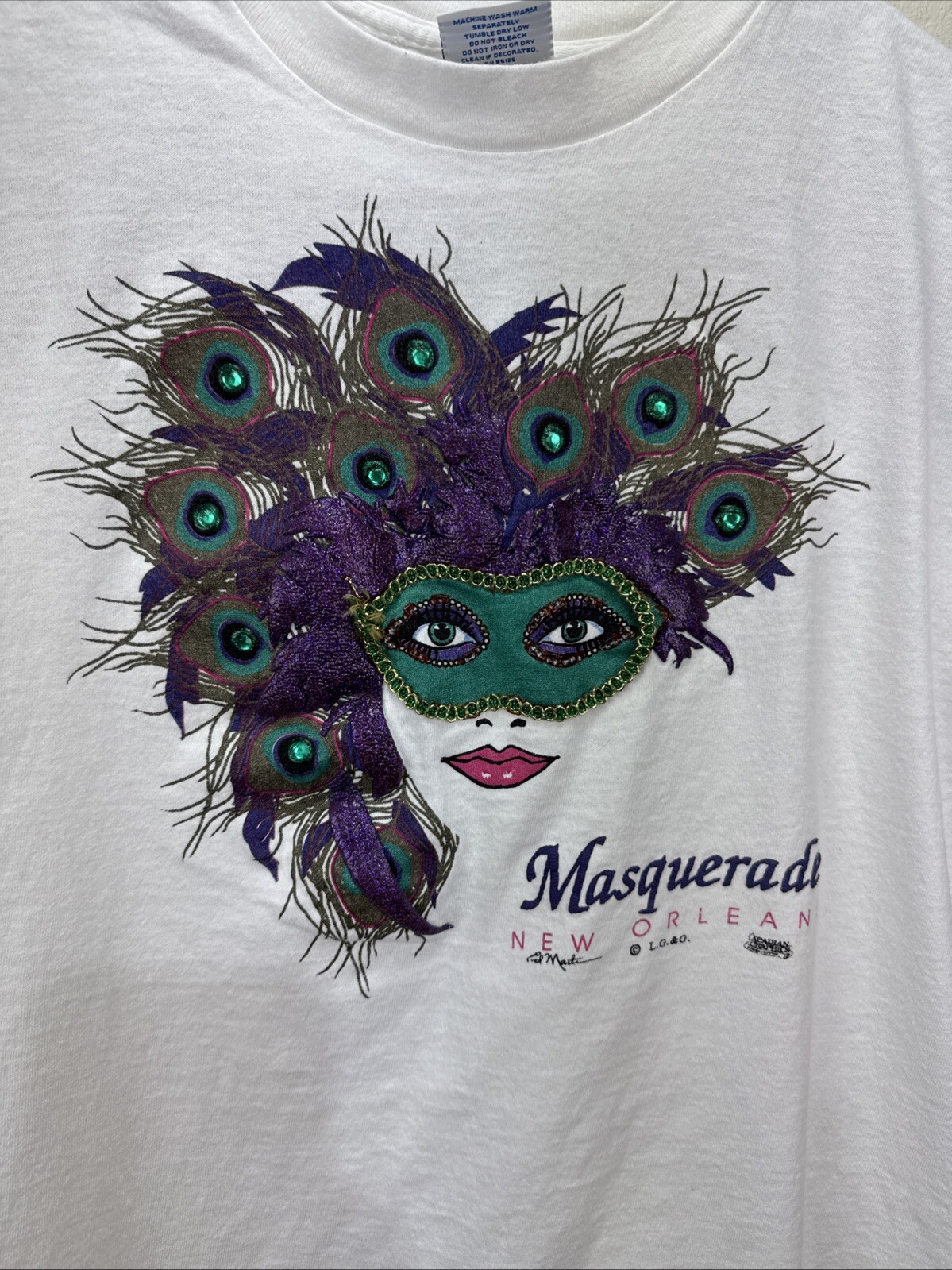 Vintage Premier Sportswear Large White Glitter Masquerade T Shirt New Orleans