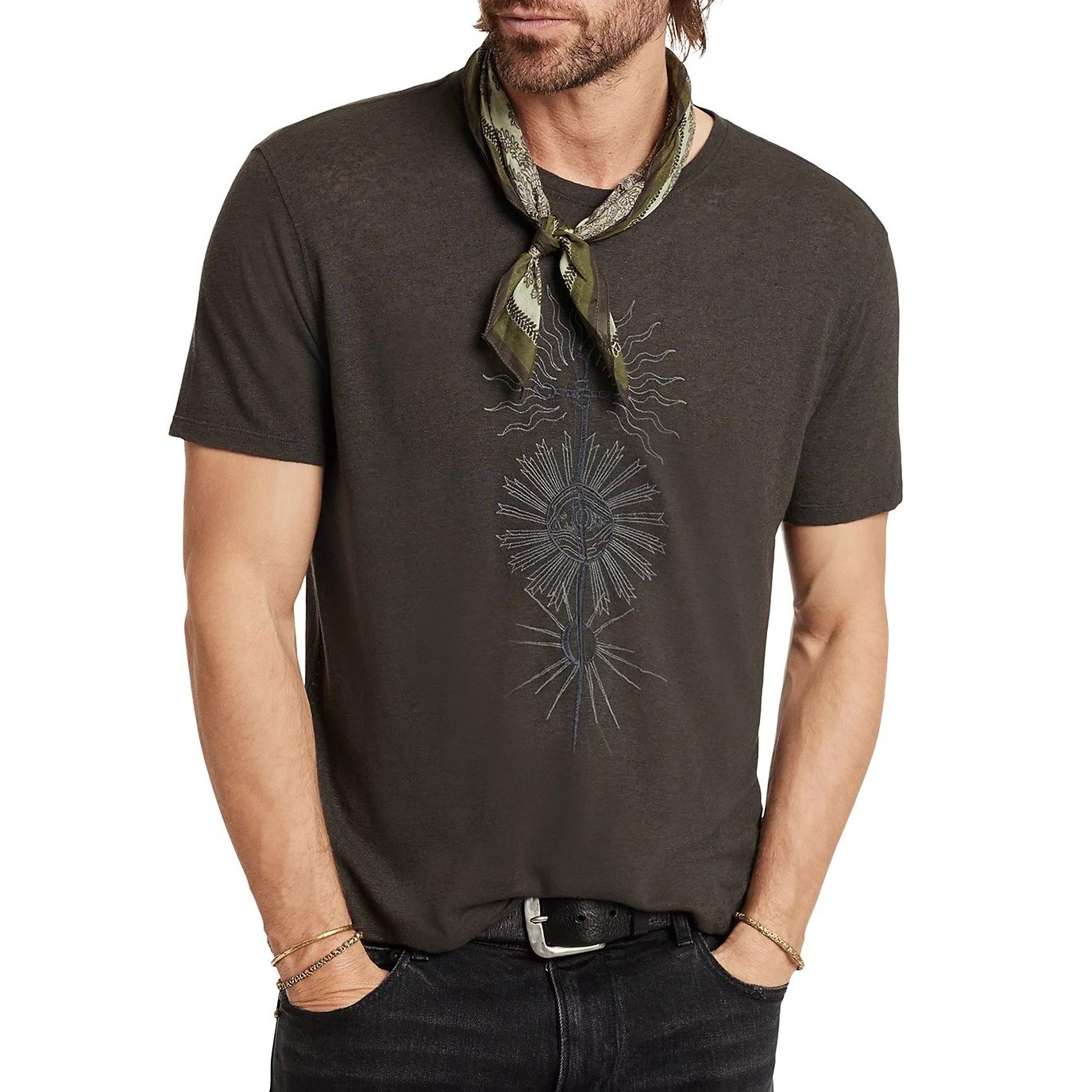 John Varvatos Men's Dagger Sun Rays Embroidered T-Shirt Linen Modal Carbon Grey gallery