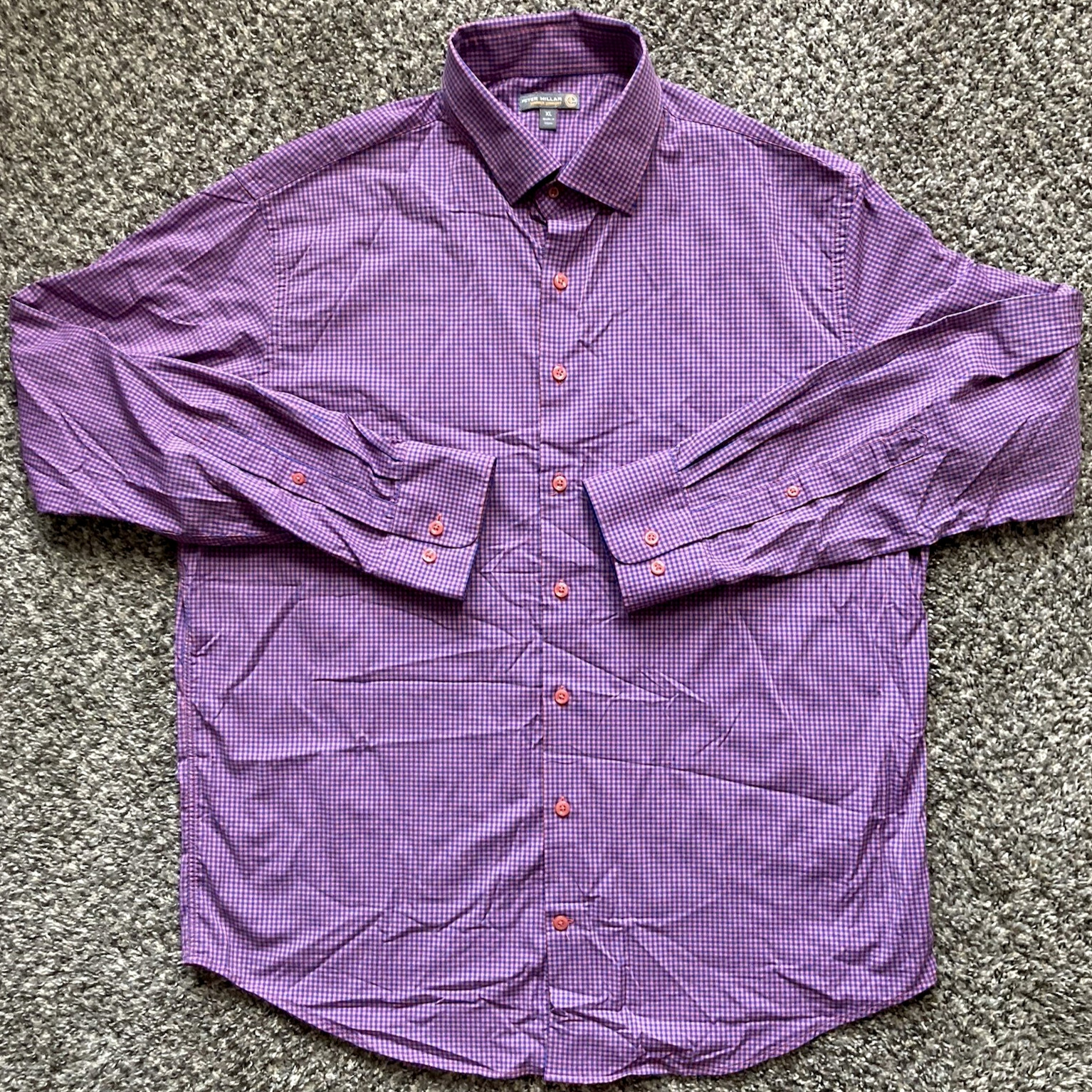 Peter Millar Summer Comfort E4 Performance Shirt Mens XL Blue/Red Check Long Slv