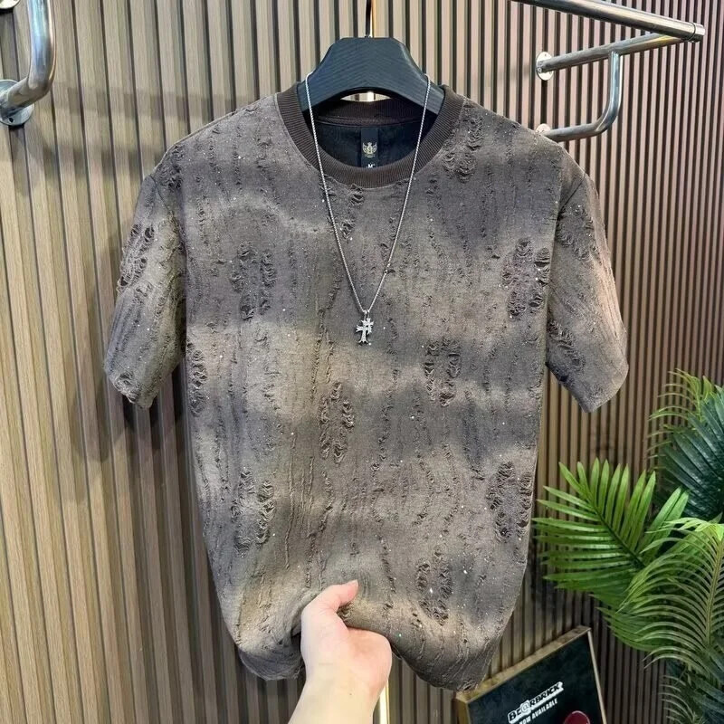 Men Luxury Fashion Trendy Ripped Sequin Diamond Rhinestone Summer T-shirt gallery