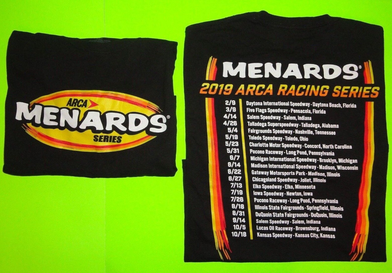 (Lot of 2) Sz. L / Large BLACK Menards ARCA Racing Series 2019 Schedule T-Shirt