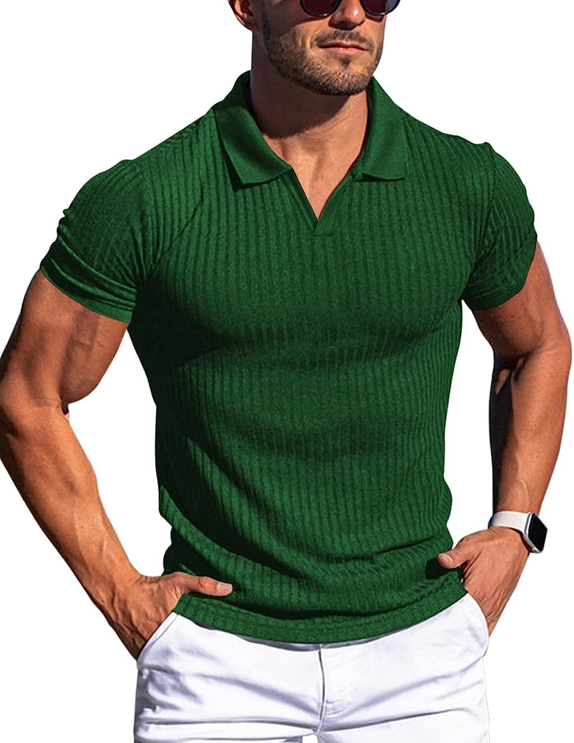 Men's V Neck Polo Shirts Slim Fit Short Sleeve T-Shirts Ribbed Knit Soft Tees gallery