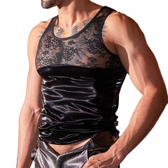 Men’s Tight Fitting Patchwork Leather Mesh Vest Sexy Nightclub Shaping Tank Tops