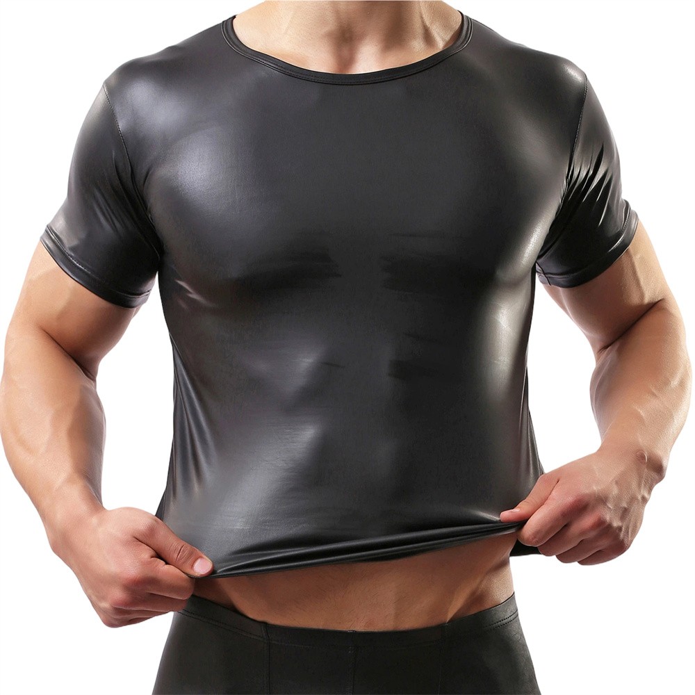 Glossy Pvc Leather Mens Short Sleeve Tops Fitness Club T-shirt New Tops Clothing gallery