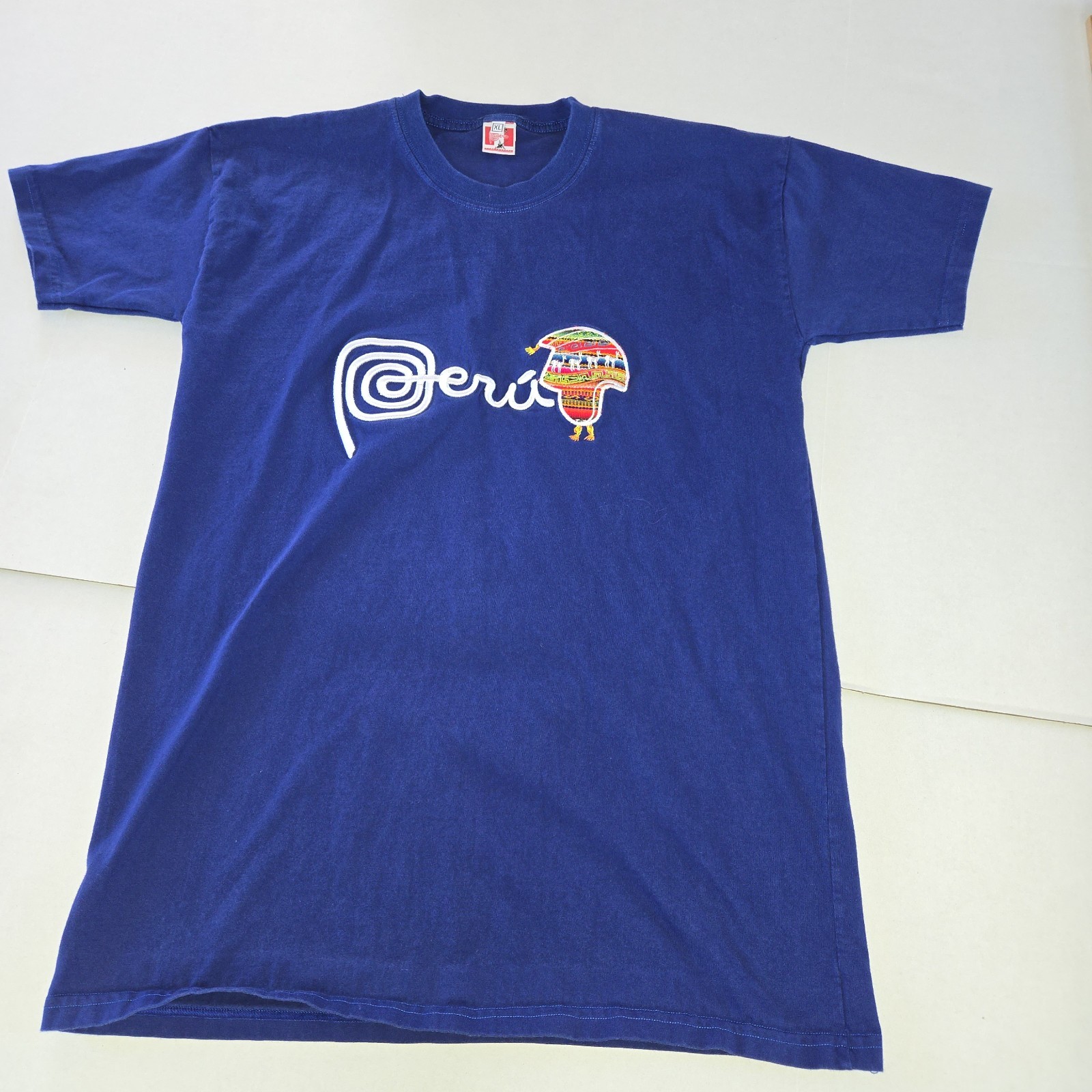 Peru Chullo Llama Peruvian Patriotic Blue Embroidery Short Sleeve T-Shirt XL Euc