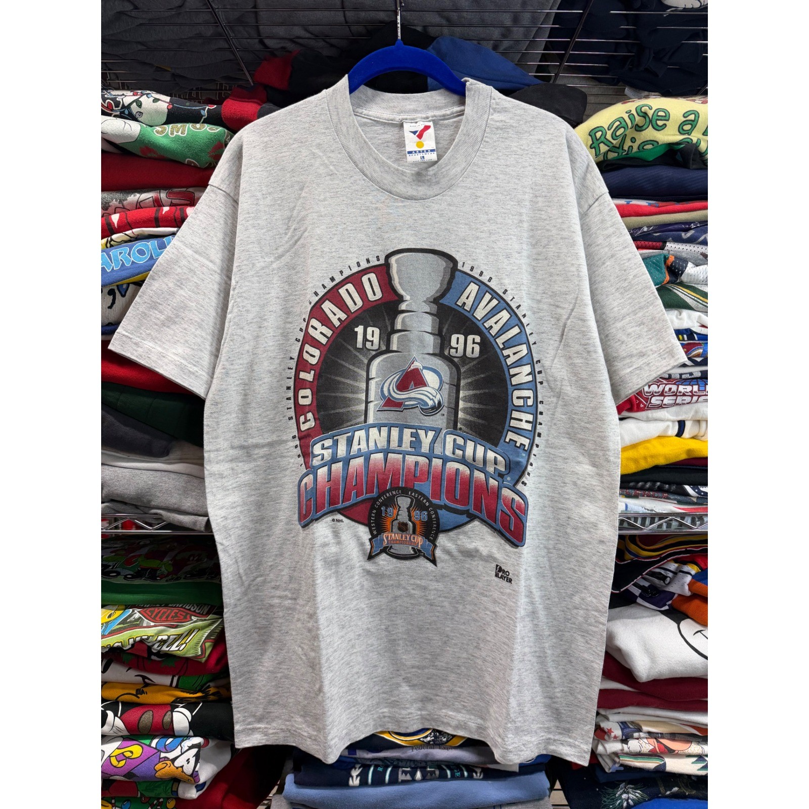 Vintage 1996 Colorado Avalanche Stanley Cup Champions Shirt Men L Gray Artex NHL