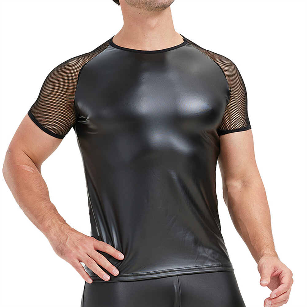 Men's Splicing Mesh Faux Leather Tops Slim Short Sleeve T-shirts Nightclub Tees gallery