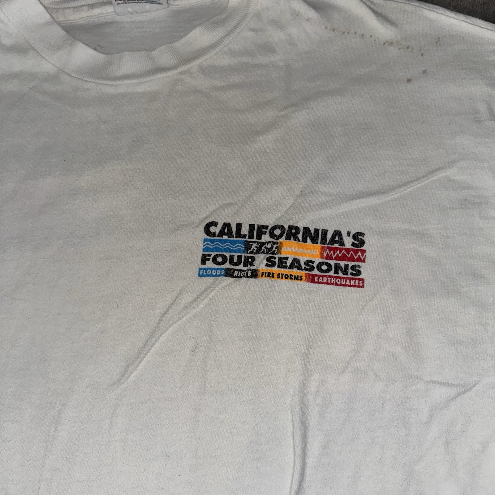 VTG 1994 California Four Seasons White Shirt Size L Single Stitch Floods Riots gallery