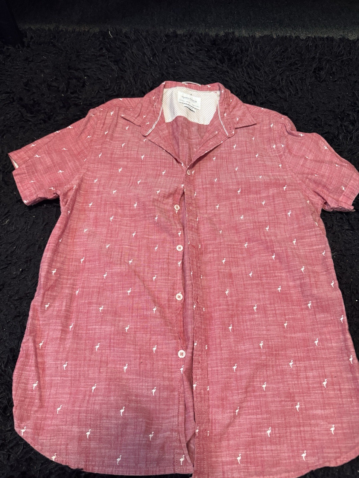 Denim & Flower red shirt with white bird-like figures, size L
