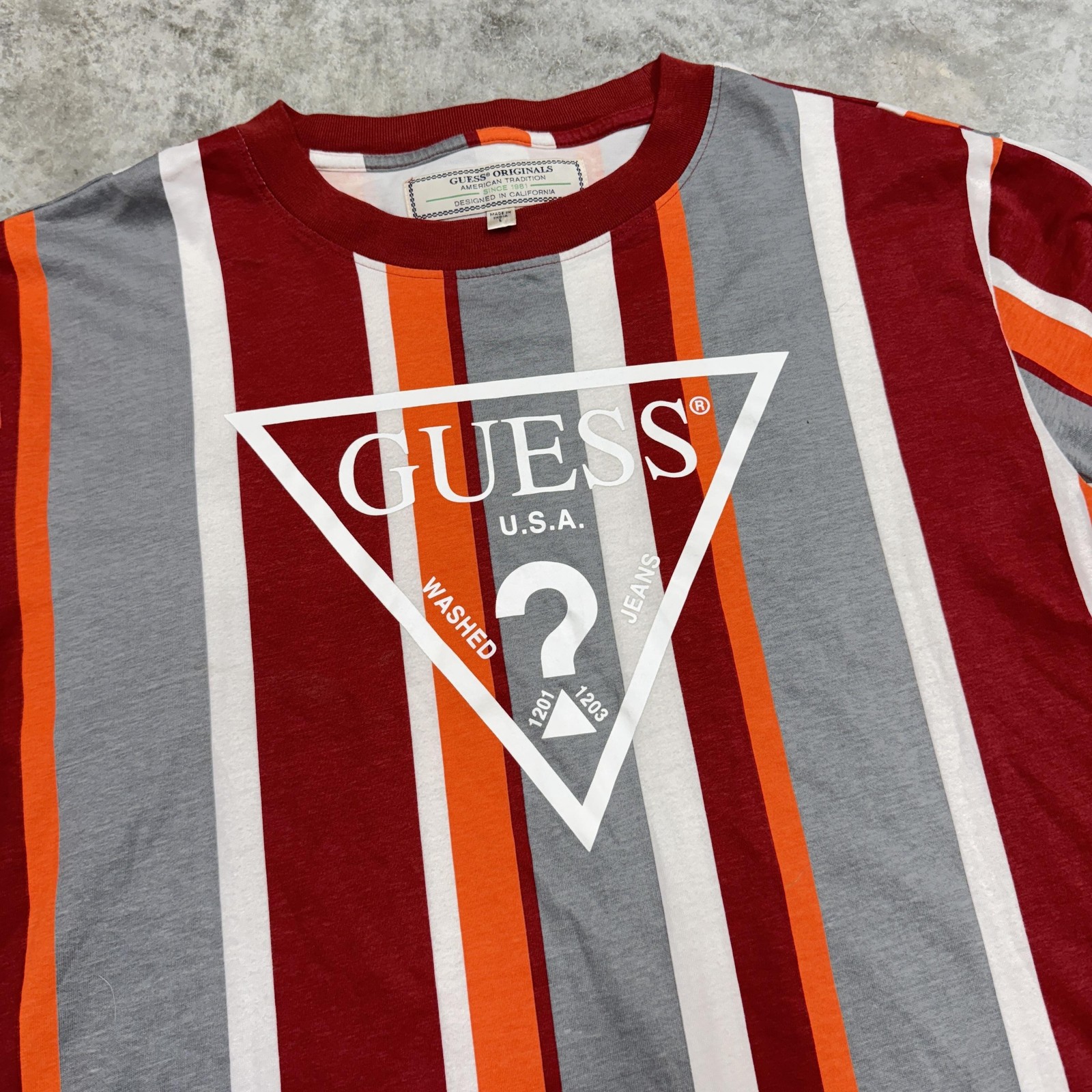 Guess Originals Shirt Mens Large Red Gray Orange White Stripe Triangle Graphic gallery