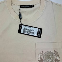 DOLCE & GABBANA Men’s Heraldic Crest Embroidered Cotton T-Shirt – Cream Color