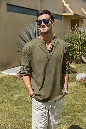 COOFANDY Men's Cotton Linen Henley T-Shirt Long Sleeve Hippie Casual Beach green gallery