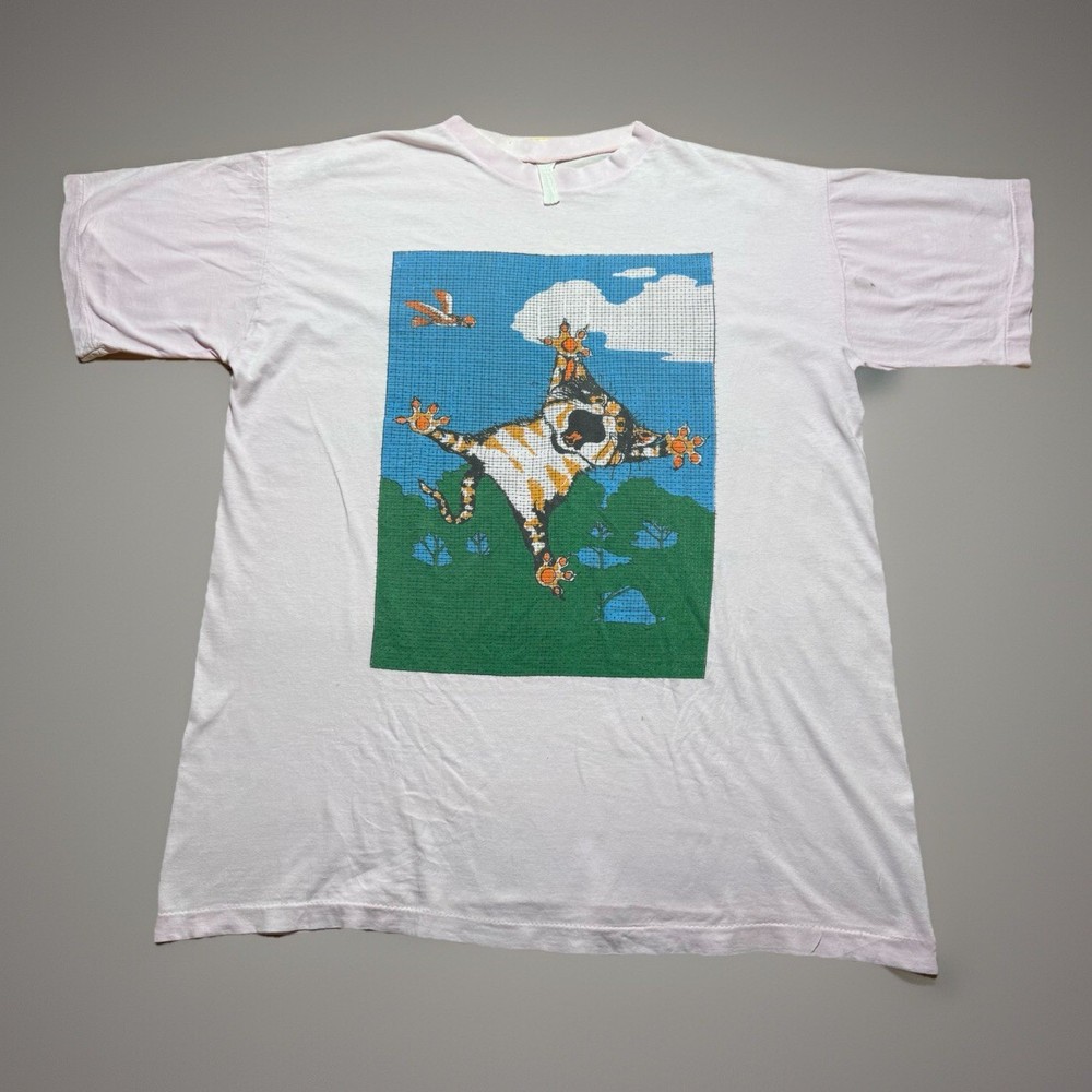 Vintage 90s Crazy Psycho Cat Melted Plastic Bead Art Shirt Size XL Distressed