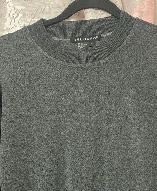 TULLIANO Shirt Mens Large Silk Blend Knit Top Long Sleeve Crew Neck Gray Casual gallery