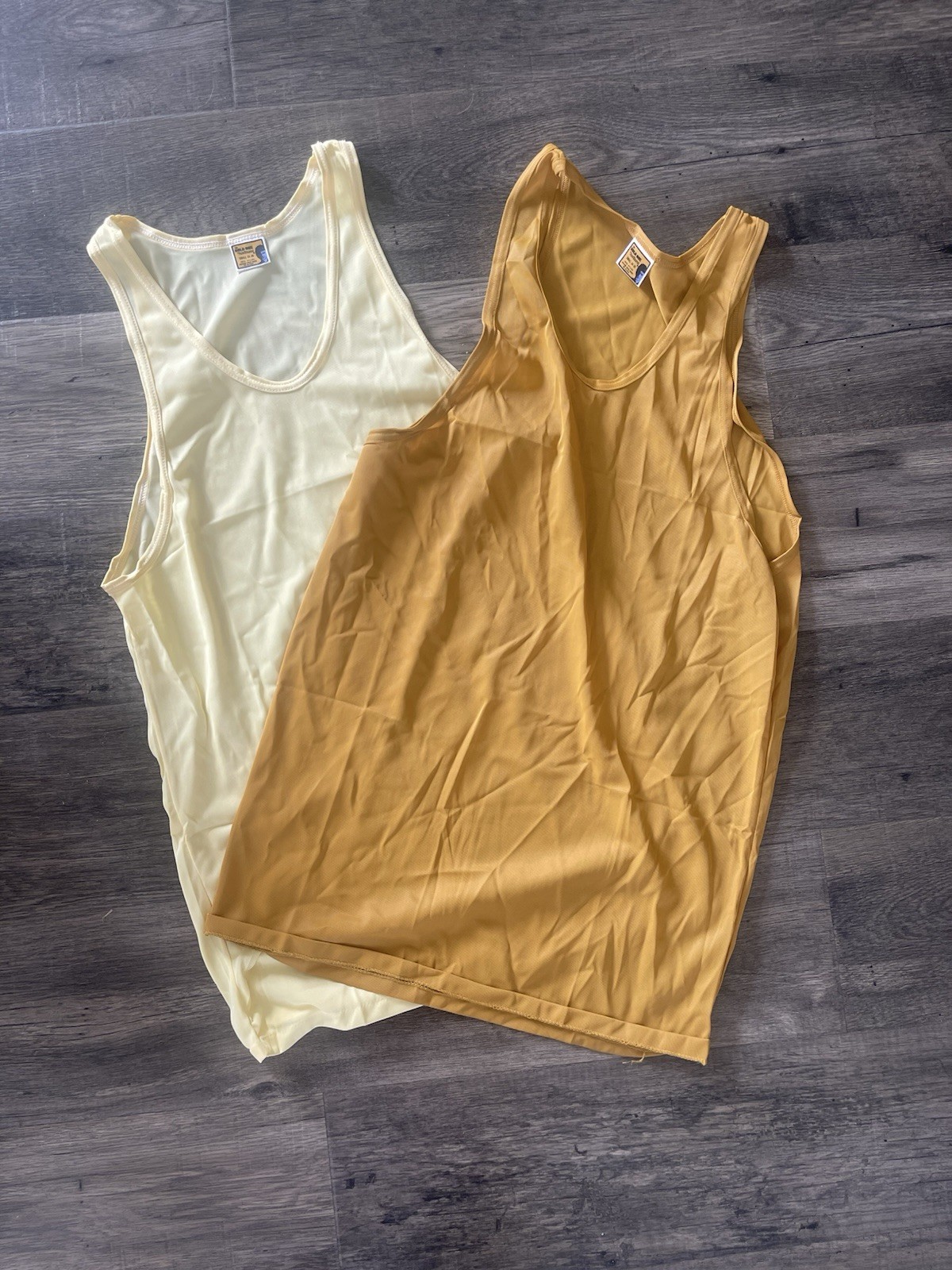 VTG Tank Tops Muscle Undershirts Nylon V Neck Sheer Men’s Sz S Anhurst Bold One gallery