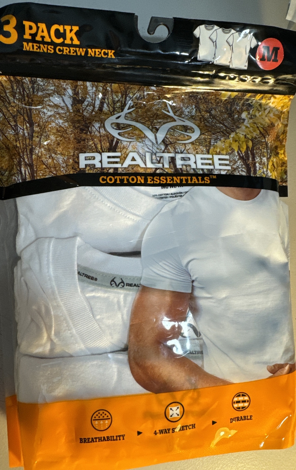 Realtree Cotton Essentials 3 Pack Men’s Crew Neck Medium White – Stretch