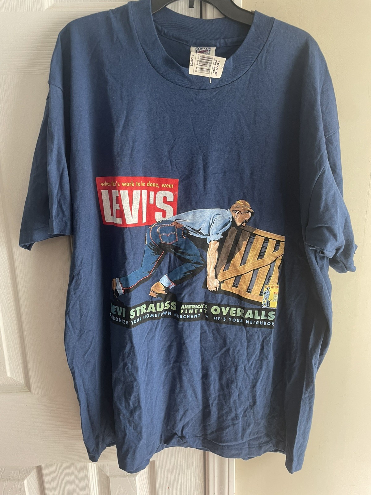 Levis Jeans Overalls 90s Vintage USA Workwear Graphic Tee Blue XL Deadstock gallery