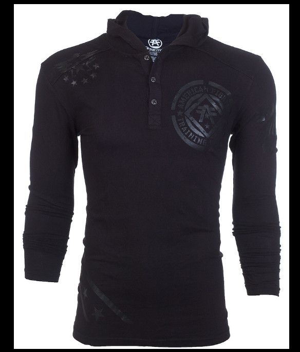 AMERICAN FIGHTER Black on Black AVERETT Long Sleeve Henley Hoodie T-shirt NWT gallery