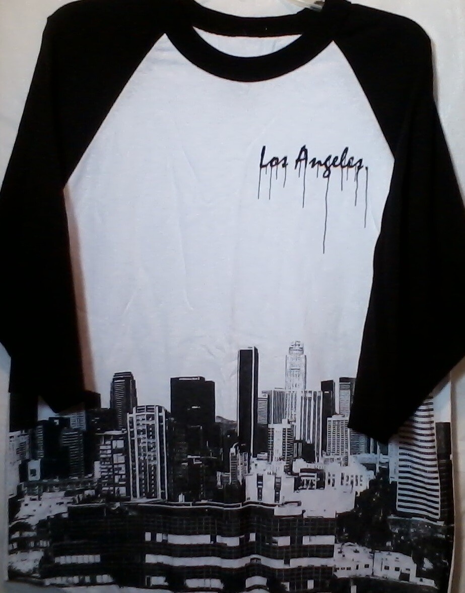 Los Angeles California Typeo Baseball Style T Shirt High Rise Building Graphics gallery