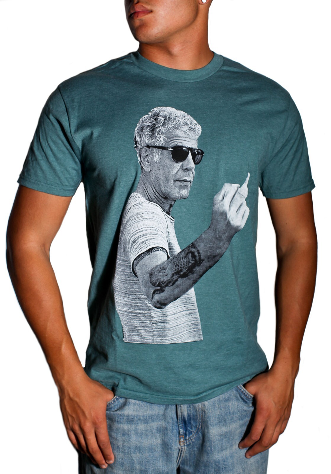 Men's Anthony Bourdain Middle Finger Graphic T-Shirt Heather Navy Blue gallery