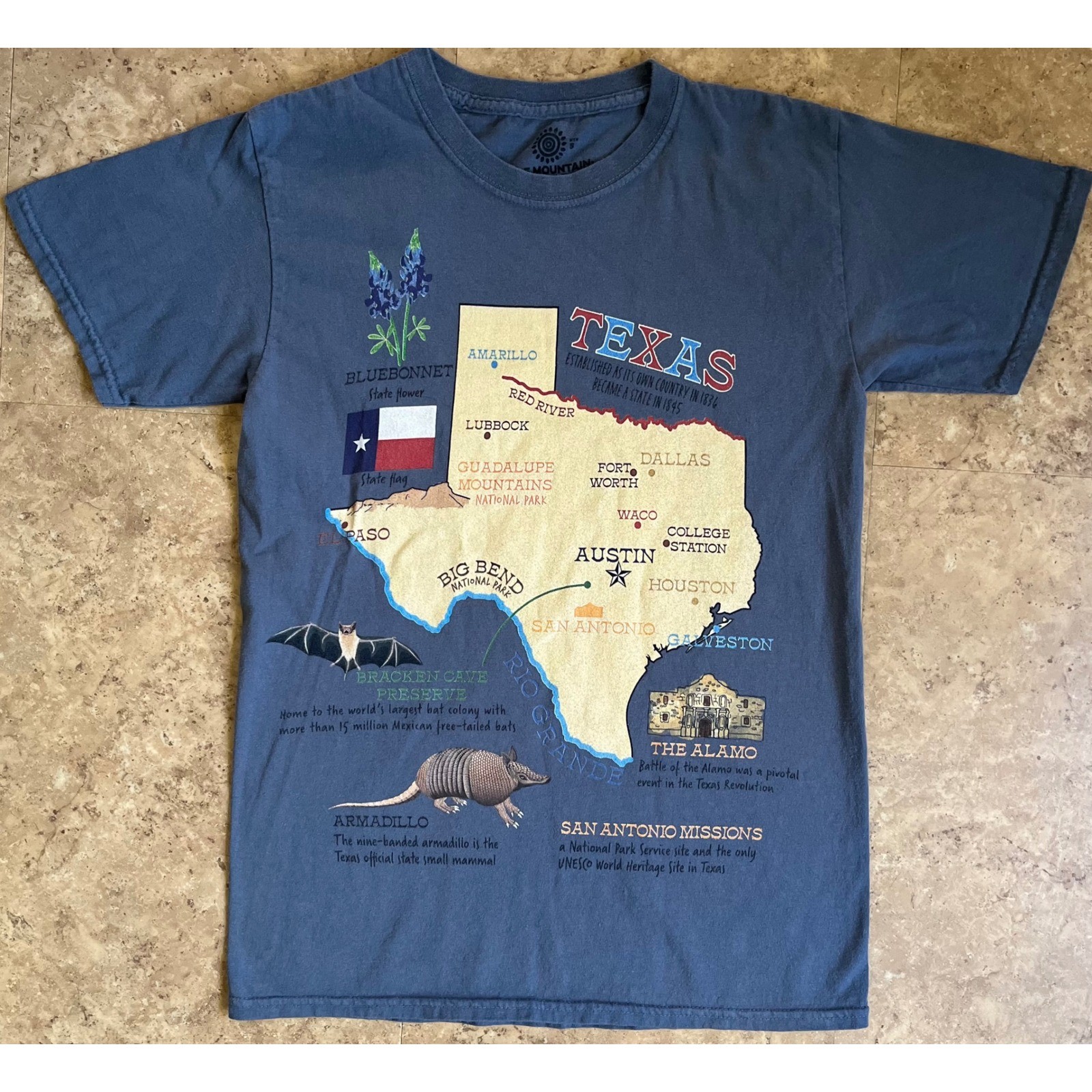 The Mountain Texas Map Graphic T-Shirt Blue Souvenir Cotton Mens Small S gallery