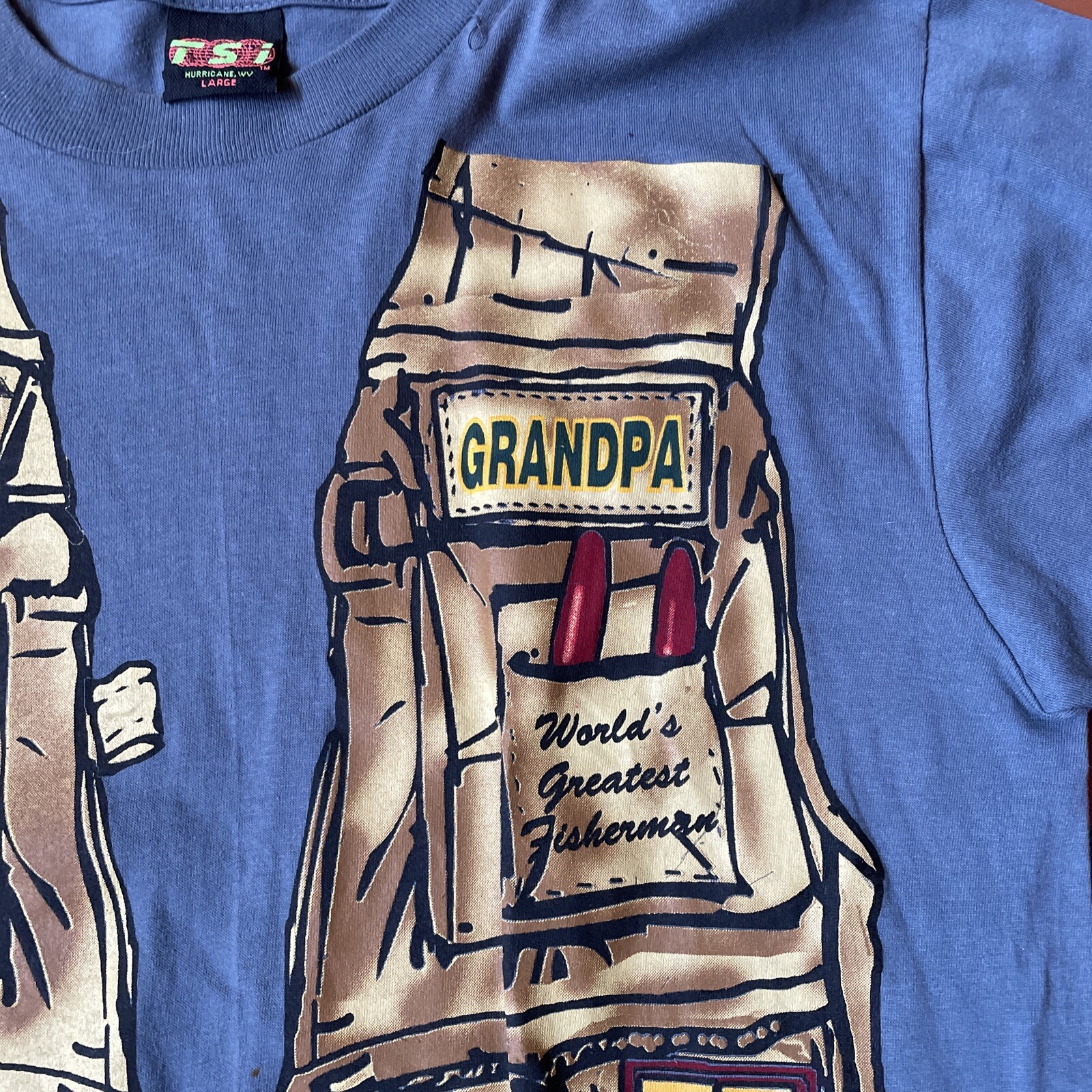 Vtg TSI Mens Large Blue Graphic Print T-Shirt Grandpa Worlds Greatest Fisherman gallery
