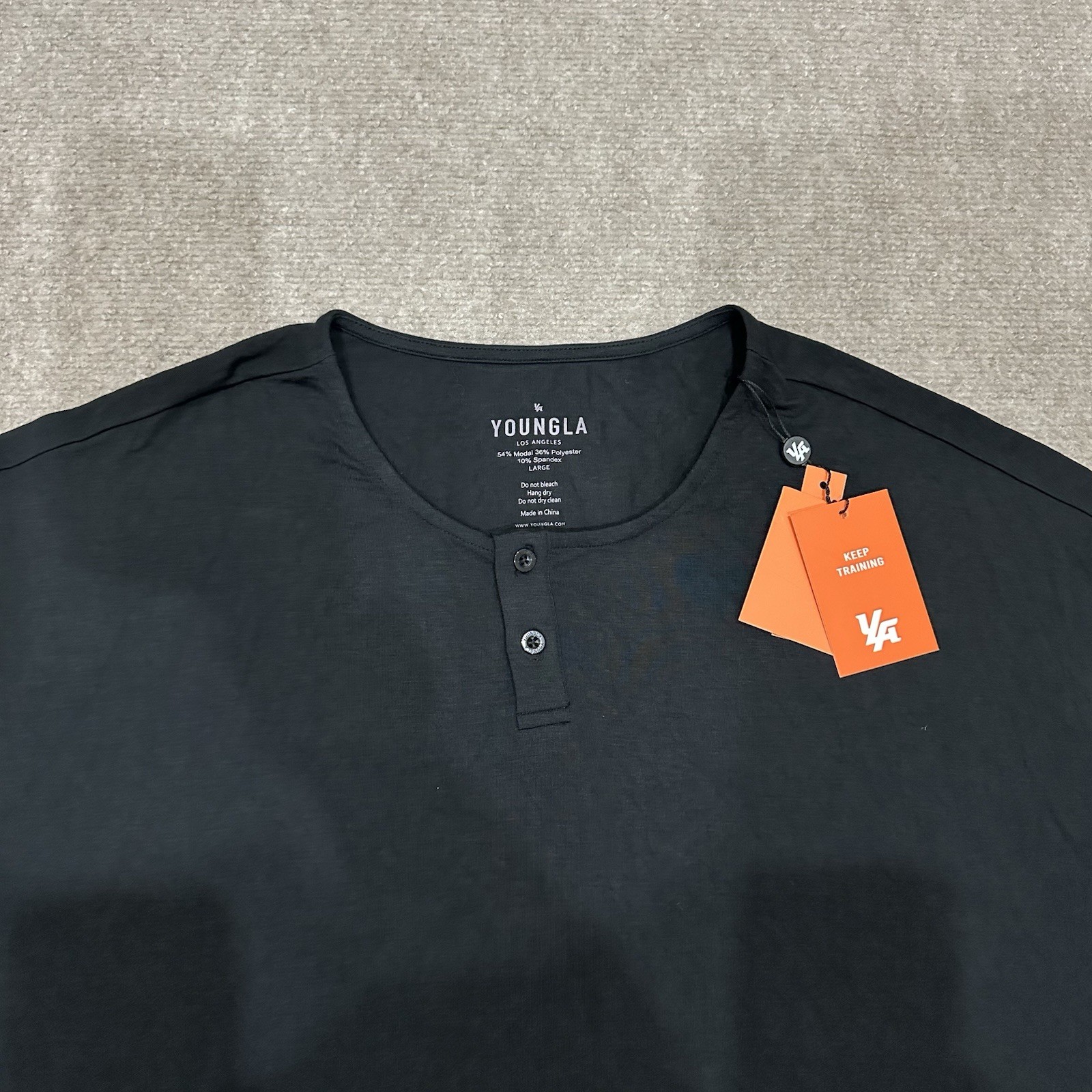 NWT YOUNGLA Model 720 Men's Large Black Henley Stretch Modal Blend Short Sleeve gallery
