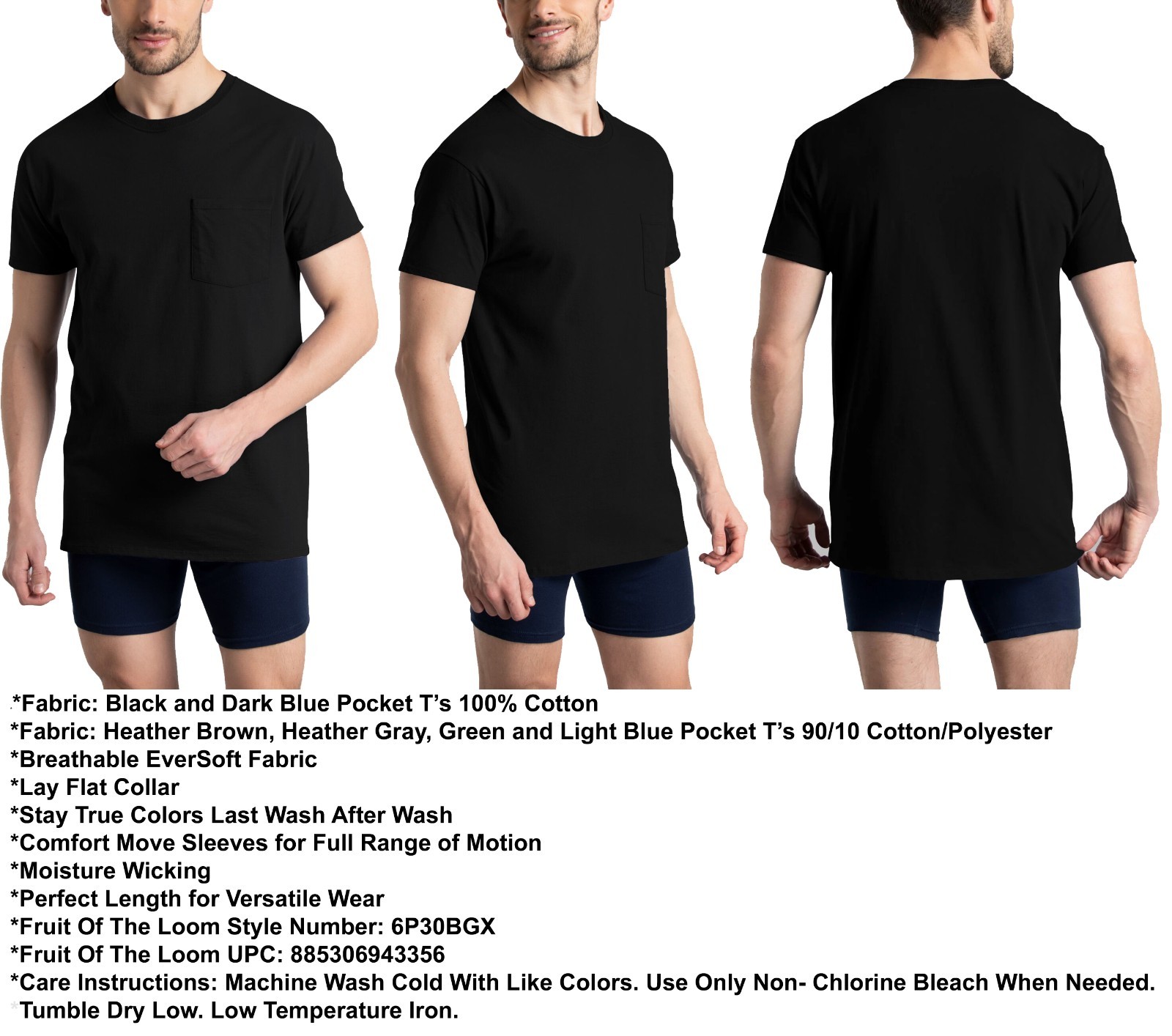 6 Fruit Of The Loom 2XL 50-52 Black Gray Pocket T-Shirts 2EG 127-132 CM gallery