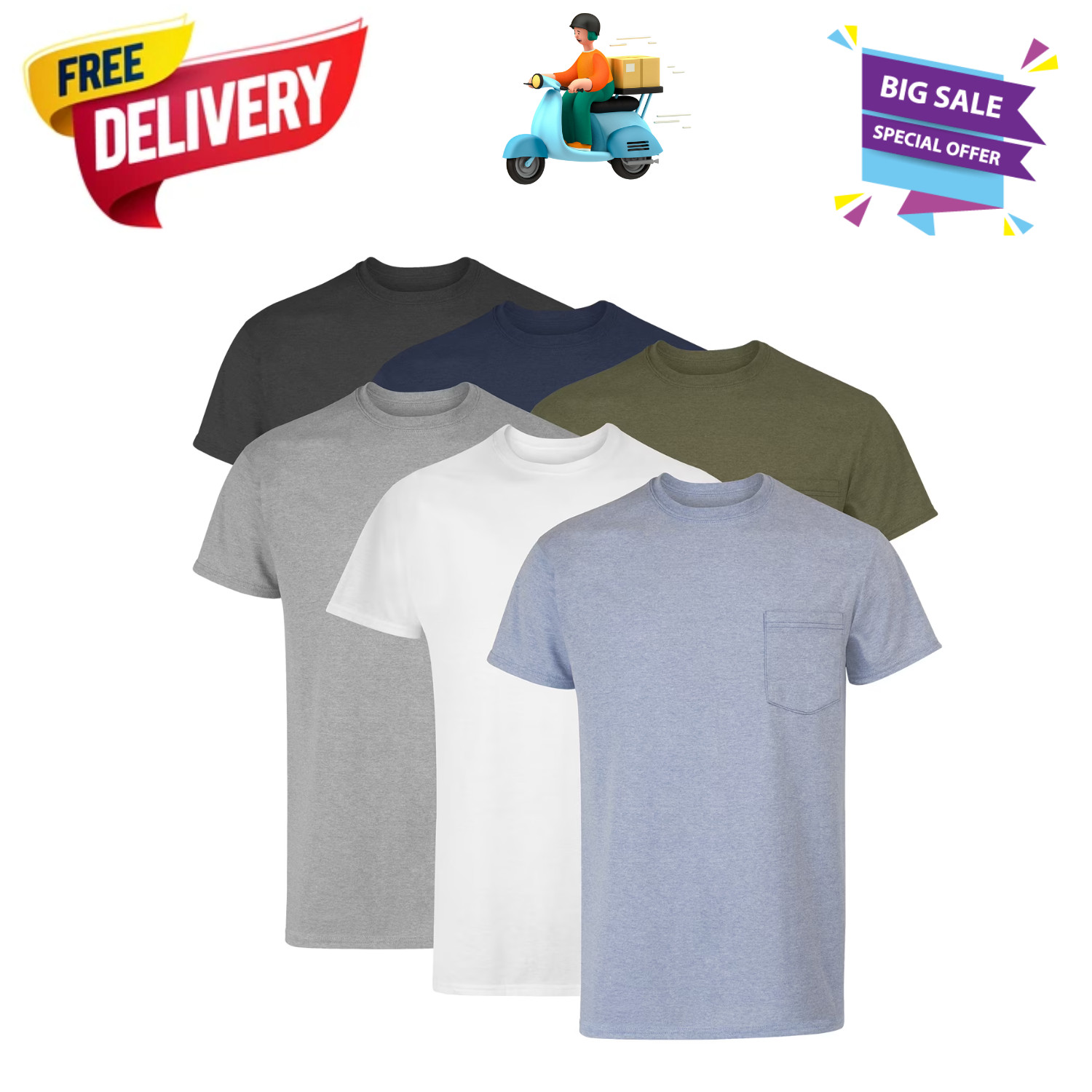 Hanes Pocket T Shirt 6 Pack Assorted Cotton Everyday Undershirt