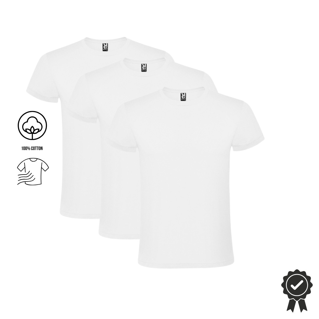 Set of 3 white men’s T-shirt economy pack, 100% cotton round neck short sleeve M-XXL Roly Atomic