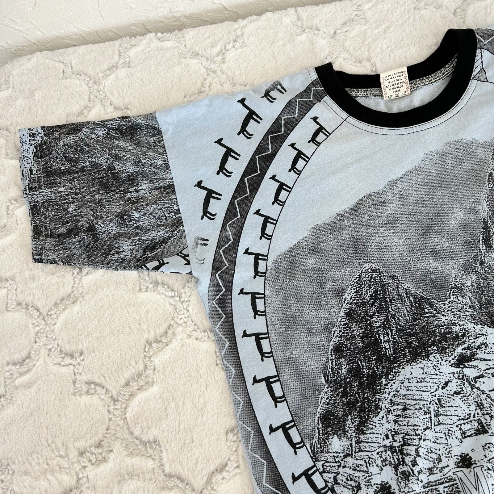 Vintage Blue All Over Print Machu Picchu Peru Nature Graphic T-shirt Large gallery