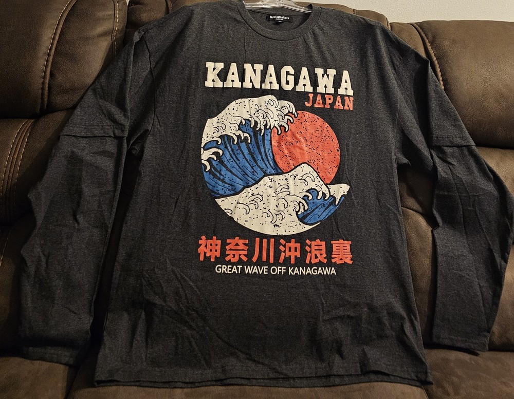 Brandmakers Group Great Wave Off Kanagawa Long Sleeve Shirt Raised Letters XL